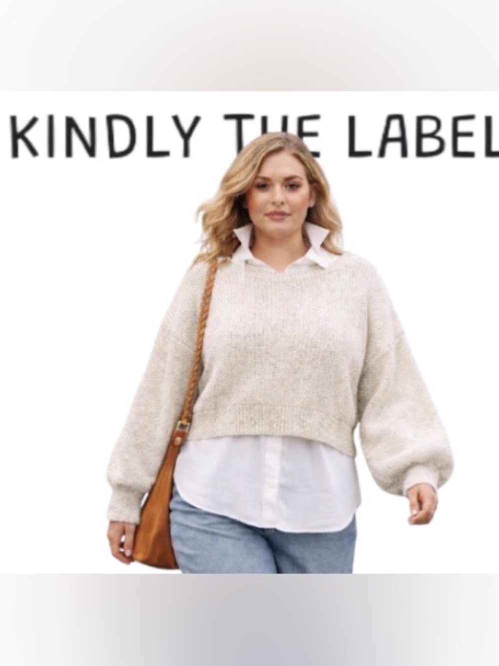 XL Slouchy Fit Cropped Cotton Sweater with Balloon Sleeves, Kindly the Brand.